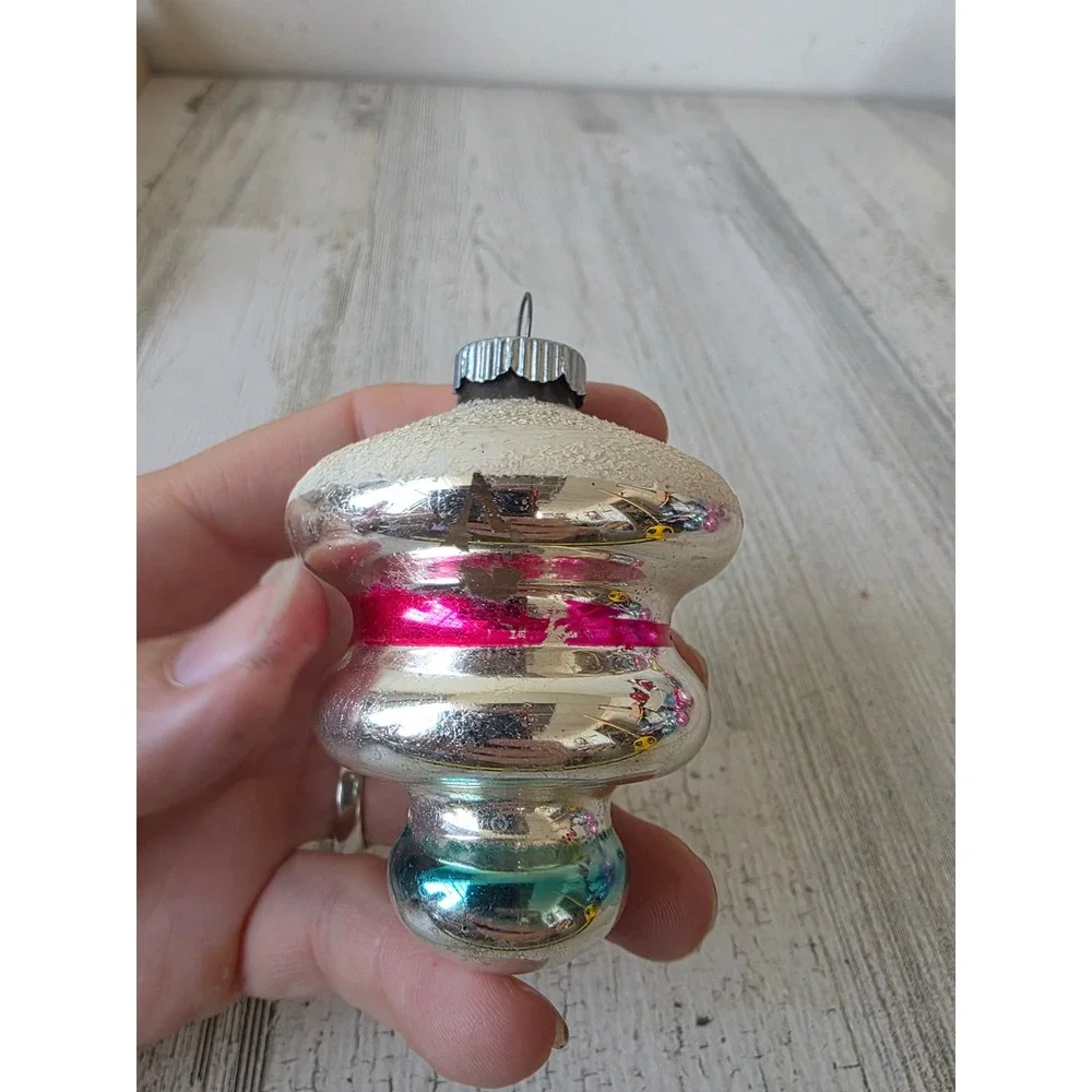 Vintage shiny Brite tornado tree Michael glass striped ornament Xmas tree